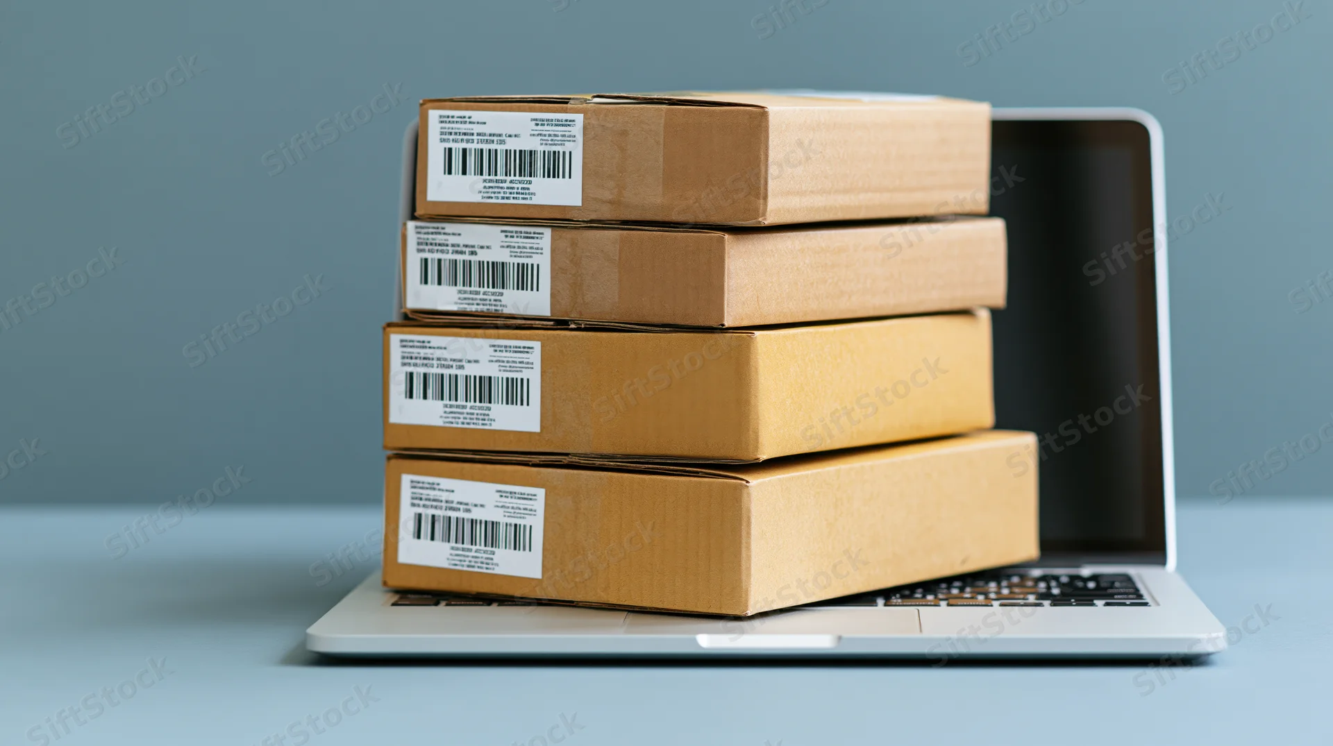 Stack of cardboard shipping boxes with barcodes resting on an open laptop keyboard