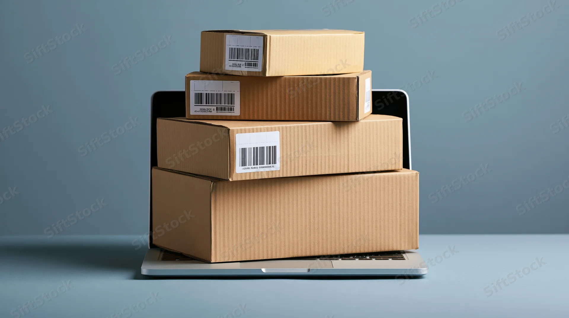 Stack of cardboard shipping boxes on an open laptop