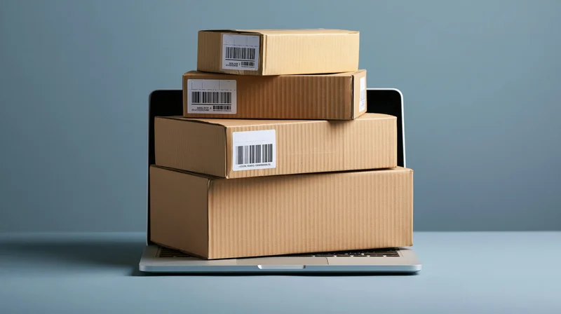 Stack of cardboard shipping boxes on an open laptop