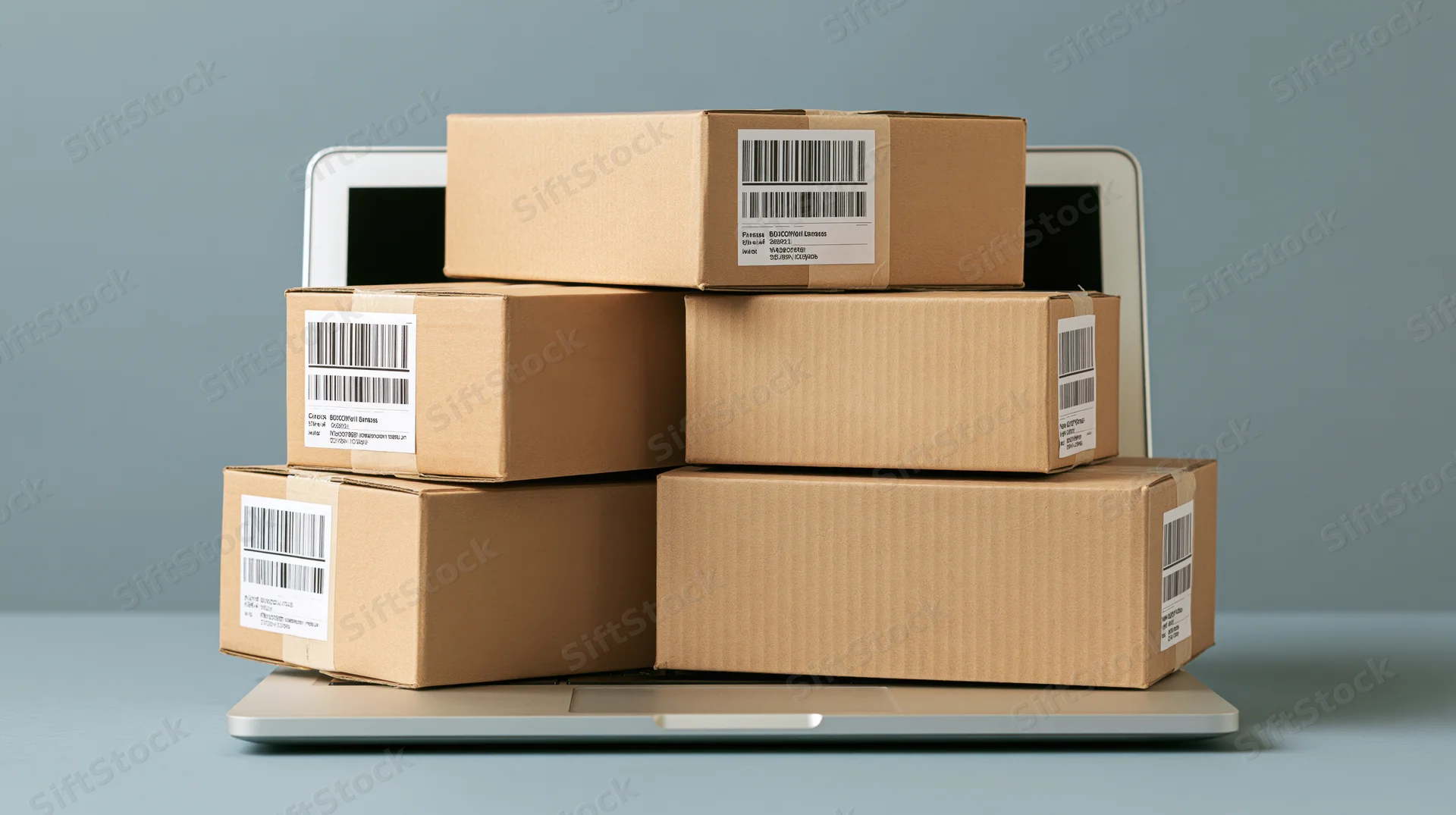 Stack of cardboard shipping boxes piled on open laptop keyboard