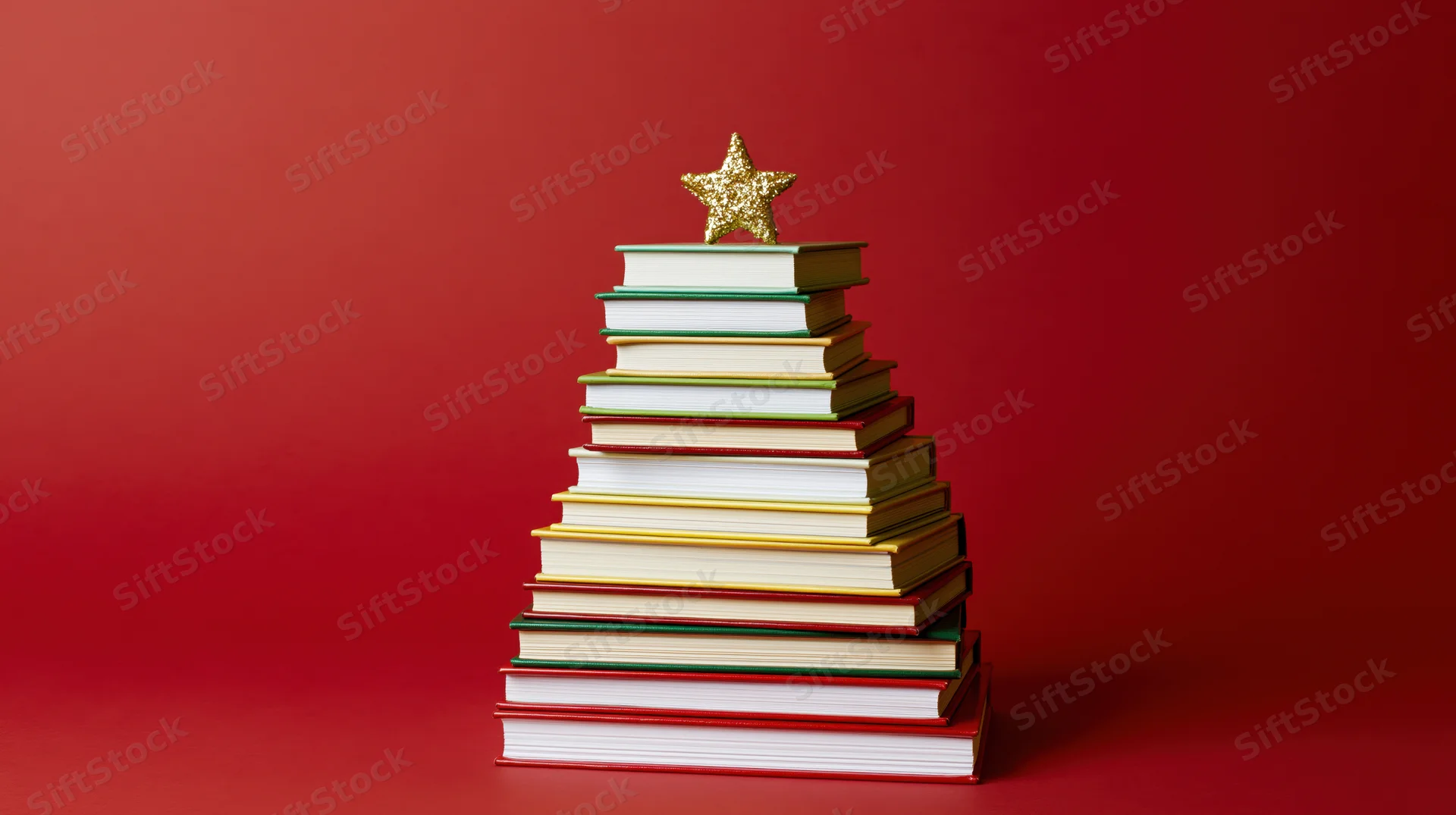 Stack of colorful hardcover books arranged in triangular shape with golden star on top against red background