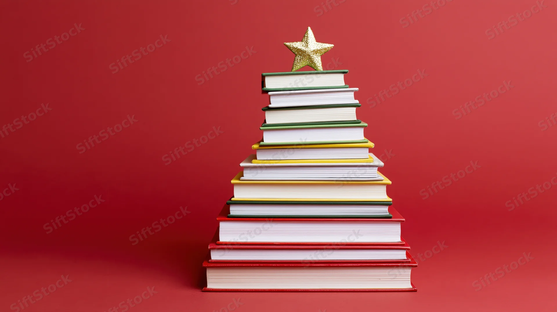 Stack of colorful hardcover books arranged in a triangle with a golden star on top against a red background