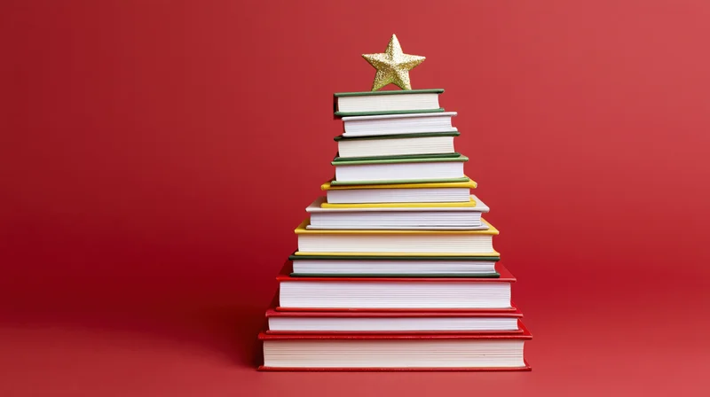 Stack of colorful hardcover books arranged in a triangle with a golden star on top against a red background