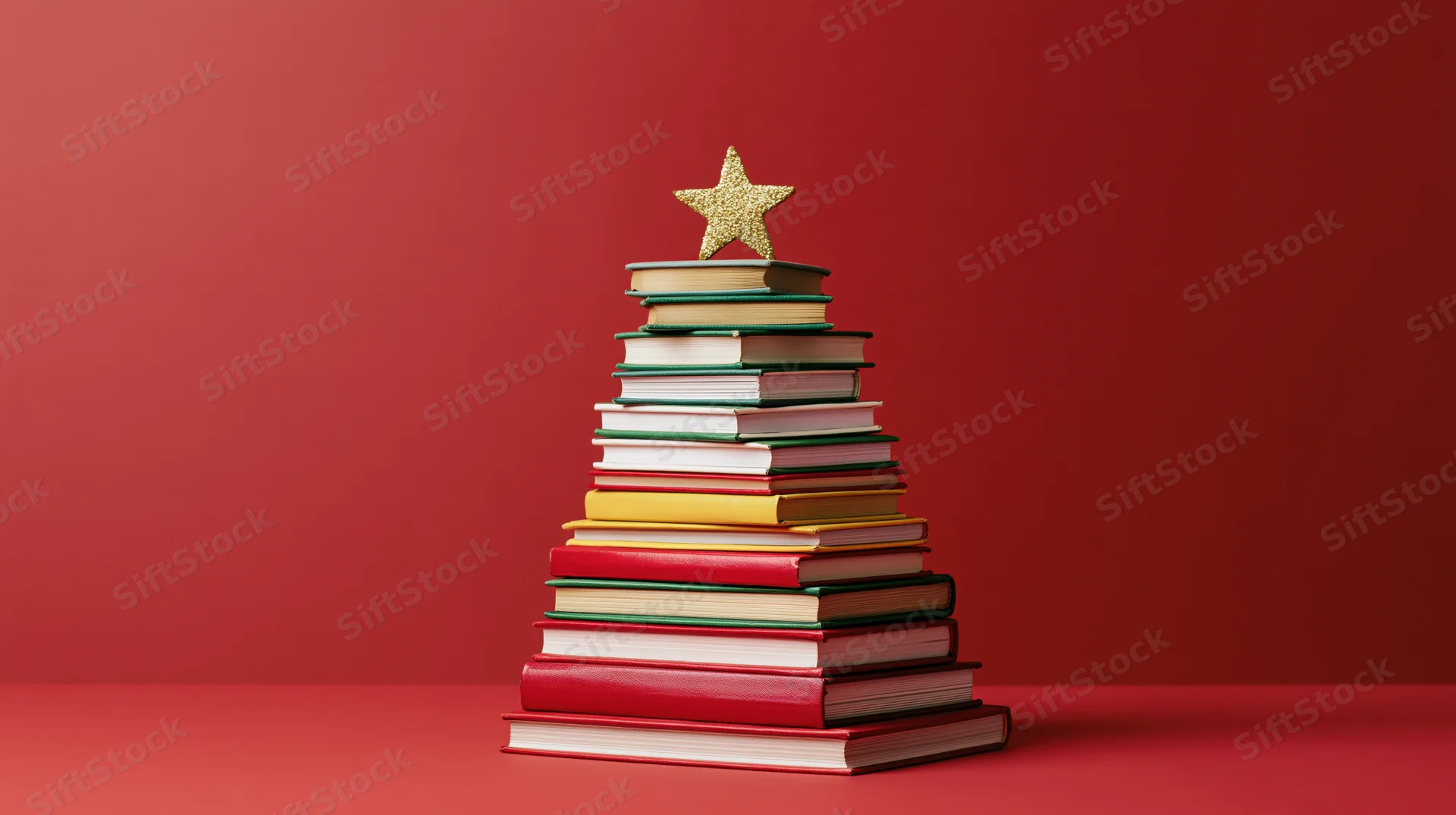 Stack of colorful hardcover books arranged in triangle shape with gold star on top against red background