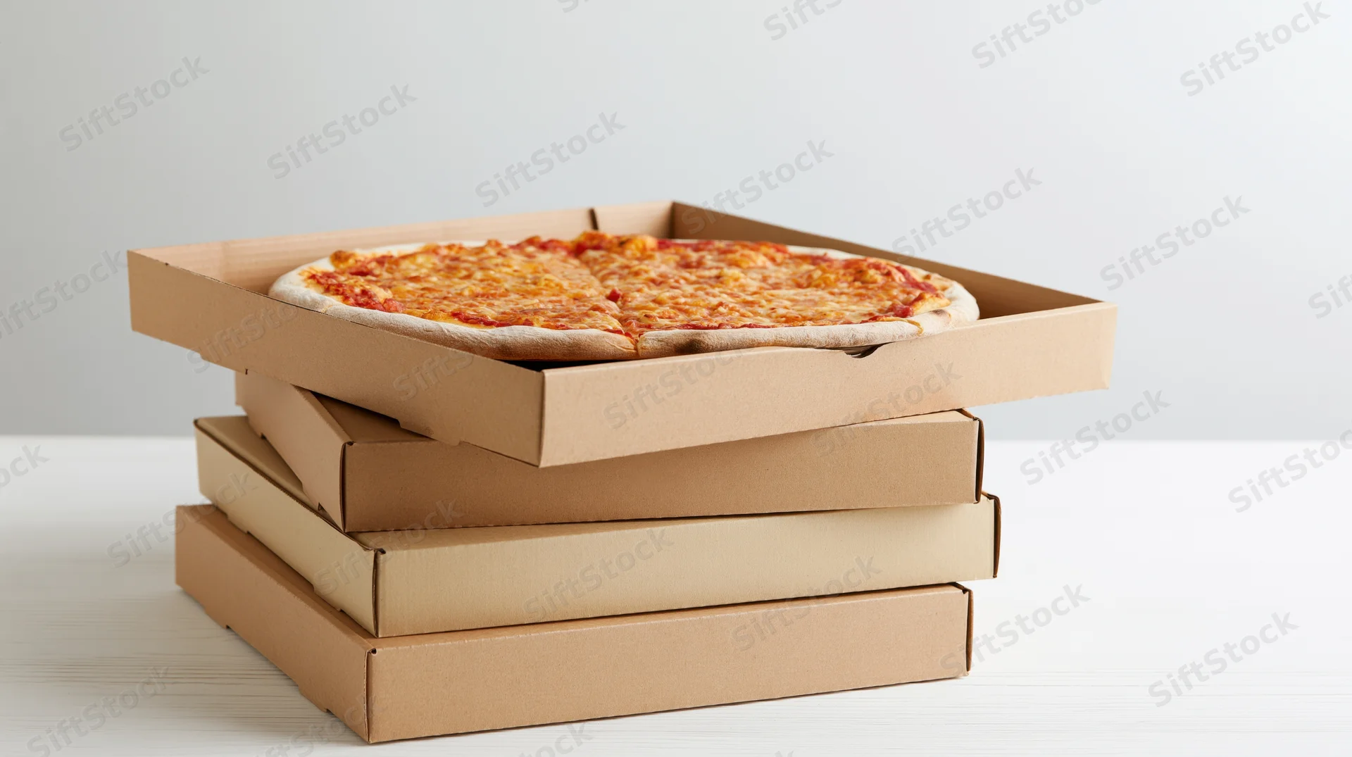 Stack of four cardboard pizza boxes with one open on white surface