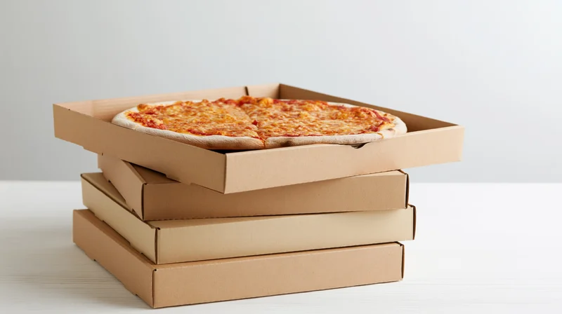 Stack of four cardboard pizza boxes with one open on white surface