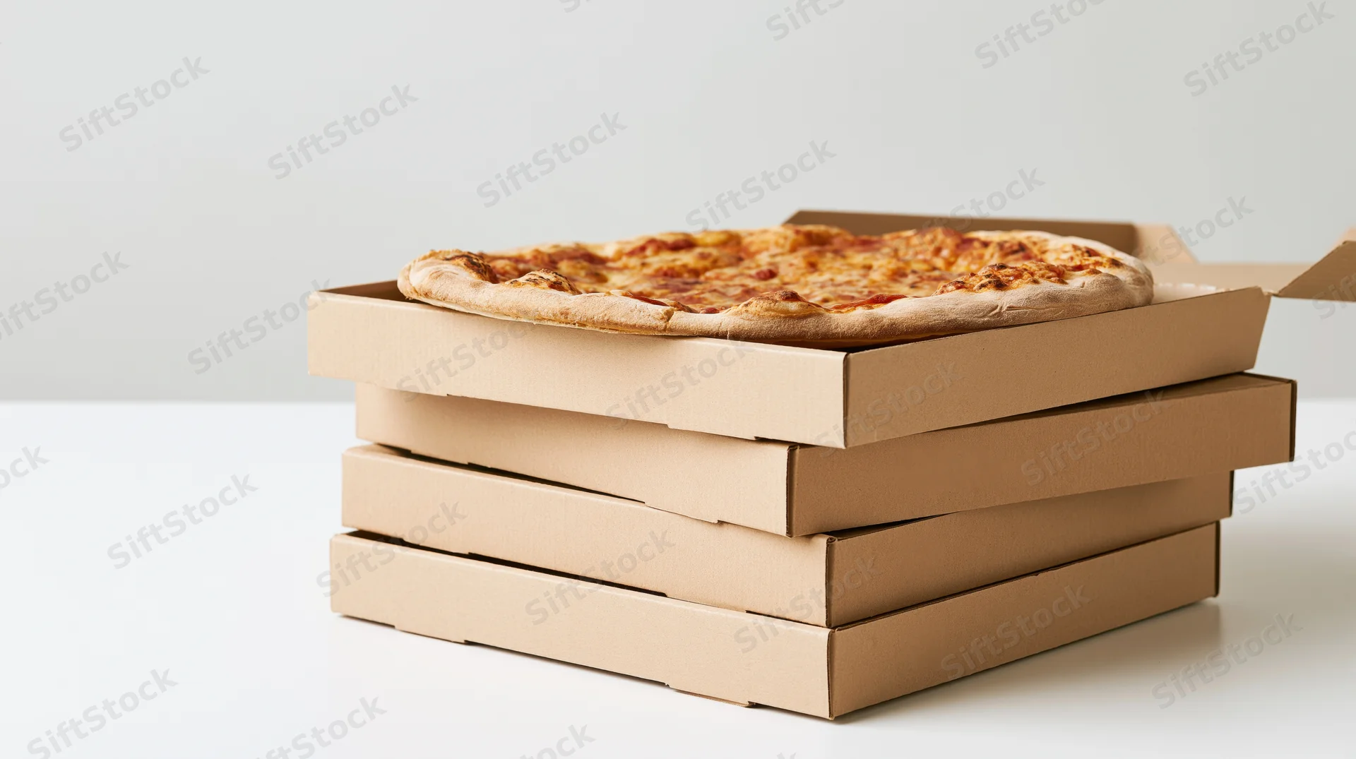 Stack of four cardboard pizza delivery boxes with one open on white surface