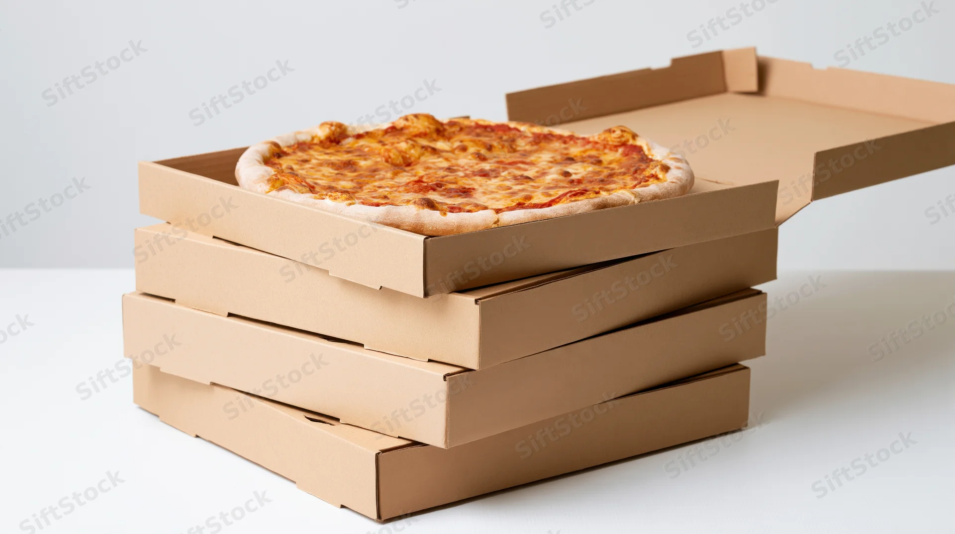 Stack of four cardboard pizza boxes with one open on white surface