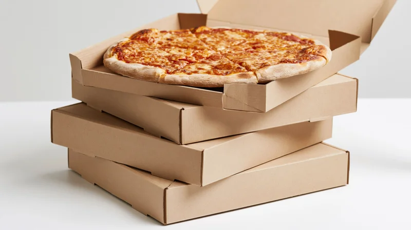 Stack of four cardboard pizza boxes with one open revealing a cheese pizza on white surface