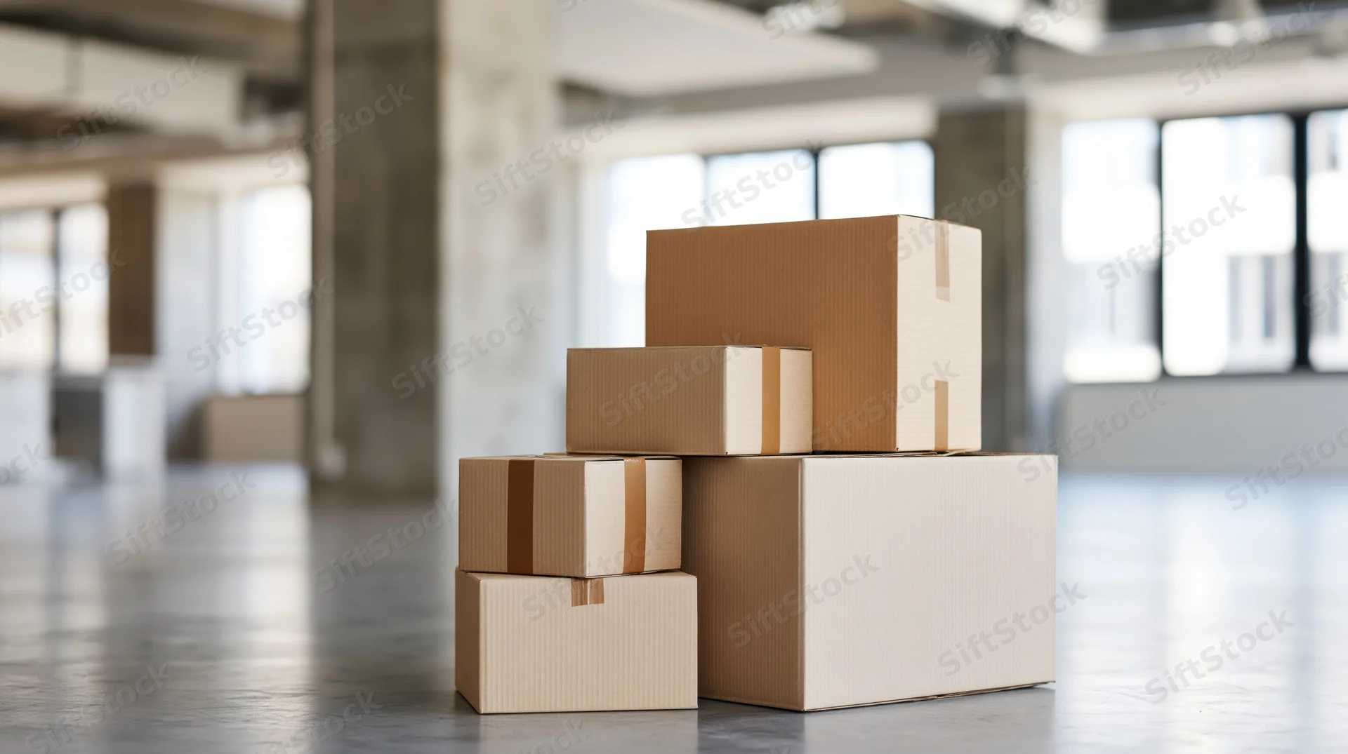 Stack of sealed cardboard boxes arranged by size in a warehouse interior