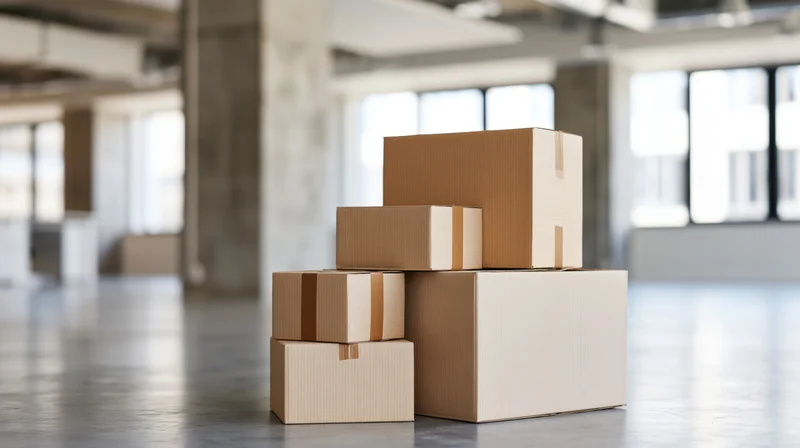 Stack of sealed cardboard boxes arranged by size in a warehouse interior