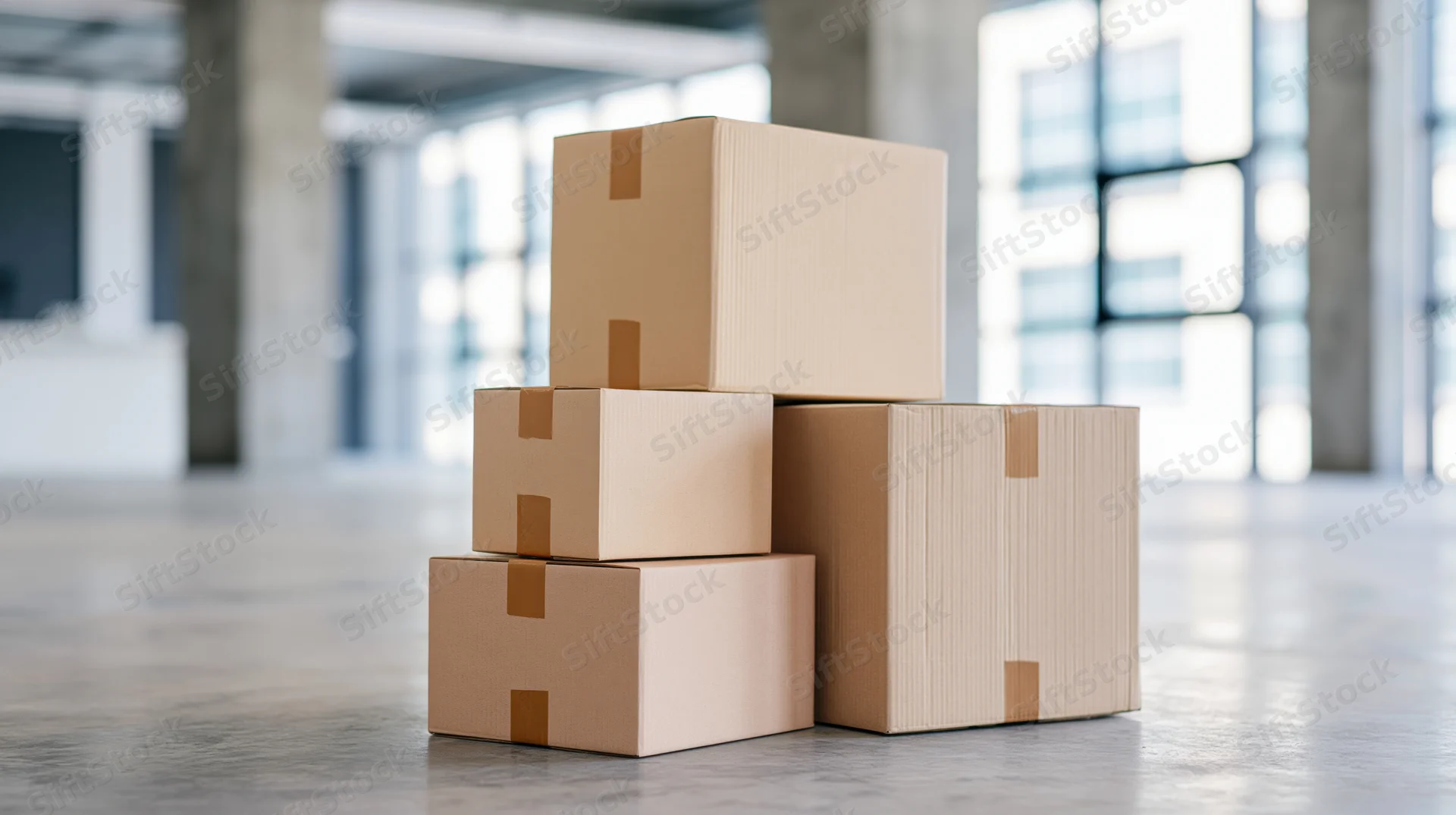 Stack of four sealed cardboard boxes arranged largest to smallest on a concrete floor in a modern warehouse interior