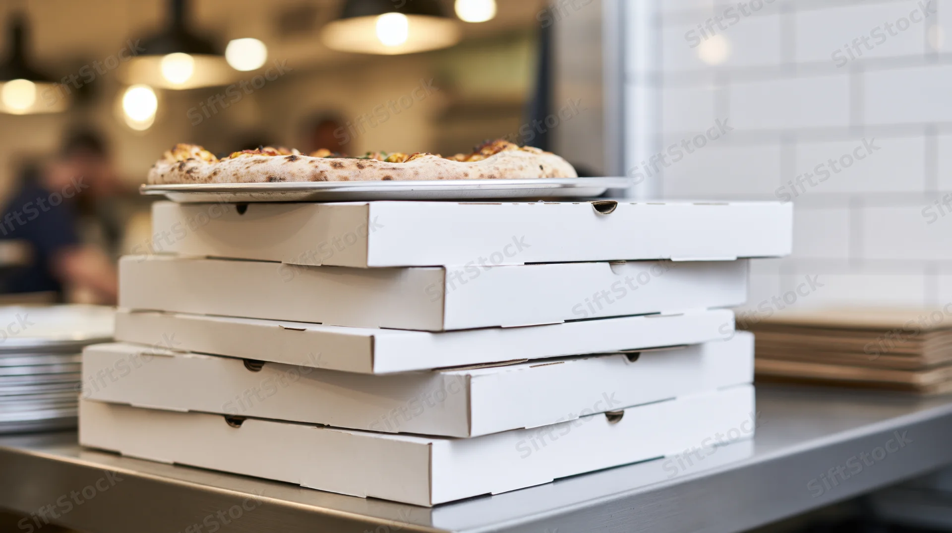 Stack of white pizza boxes on a metal counter in a restaurant kitchen with a baked pizza on top