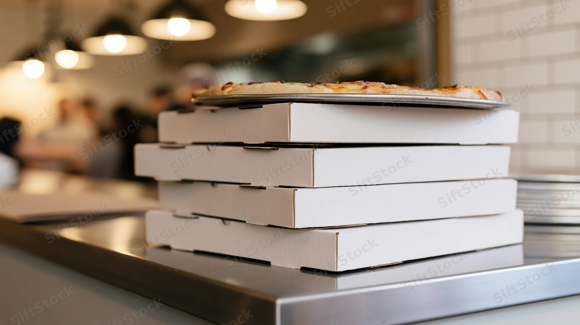 Stack of four white pizza boxes on a metal counter in a restaurant kitchen