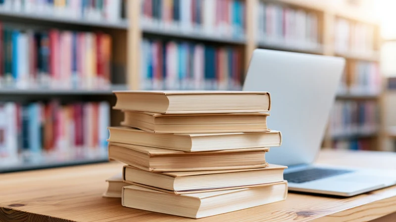 Stack of hardcover books beside an open laptop on a wooden desk in a library