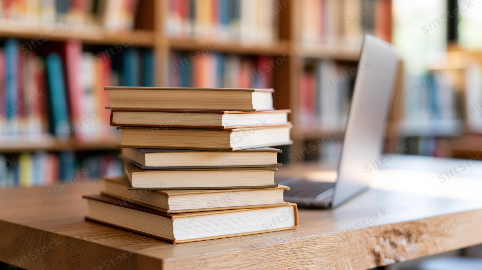 Stack of hardcover books beside an open laptop on a wooden desk in a library setting