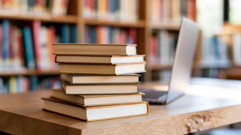 Stack of hardcover books beside an open laptop on a wooden desk in a library setting