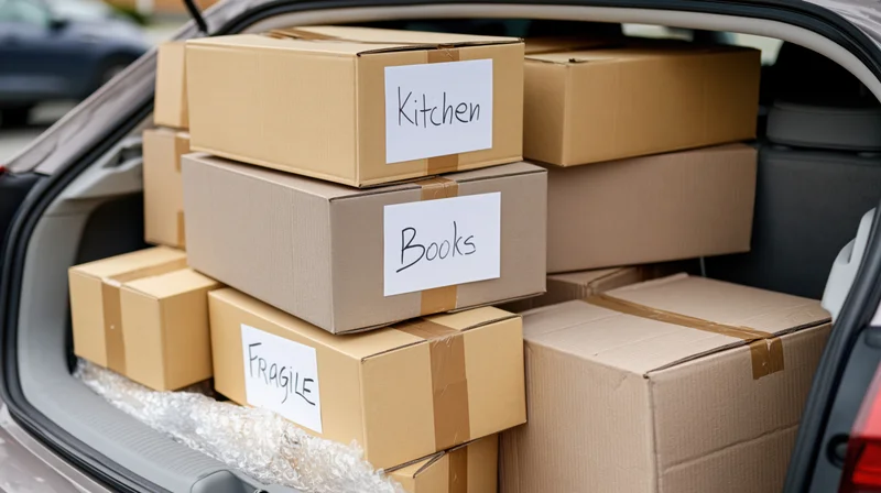 Cardboard moving boxes labeled and stacked tightly in a car trunk