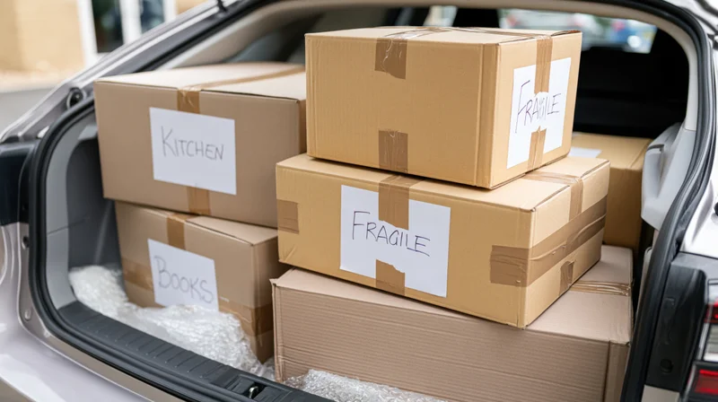 Cardboard moving boxes labeled and packed tightly in car trunk