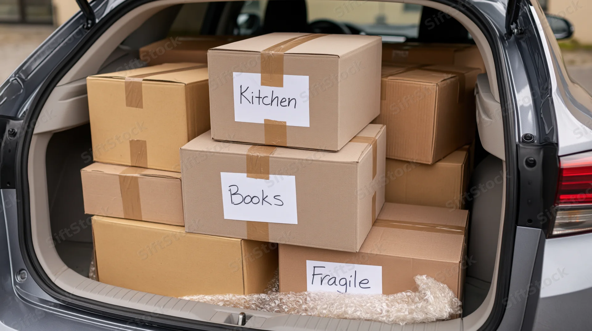 Cardboard moving boxes labeled kitchen books and fragile packed tightly in car trunk