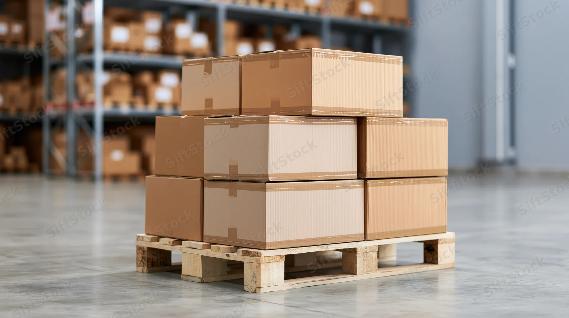 Stack of sealed cardboard boxes on wooden pallet in warehouse