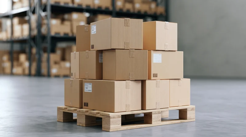 Stack of sealed cardboard boxes on wooden pallet in warehouse