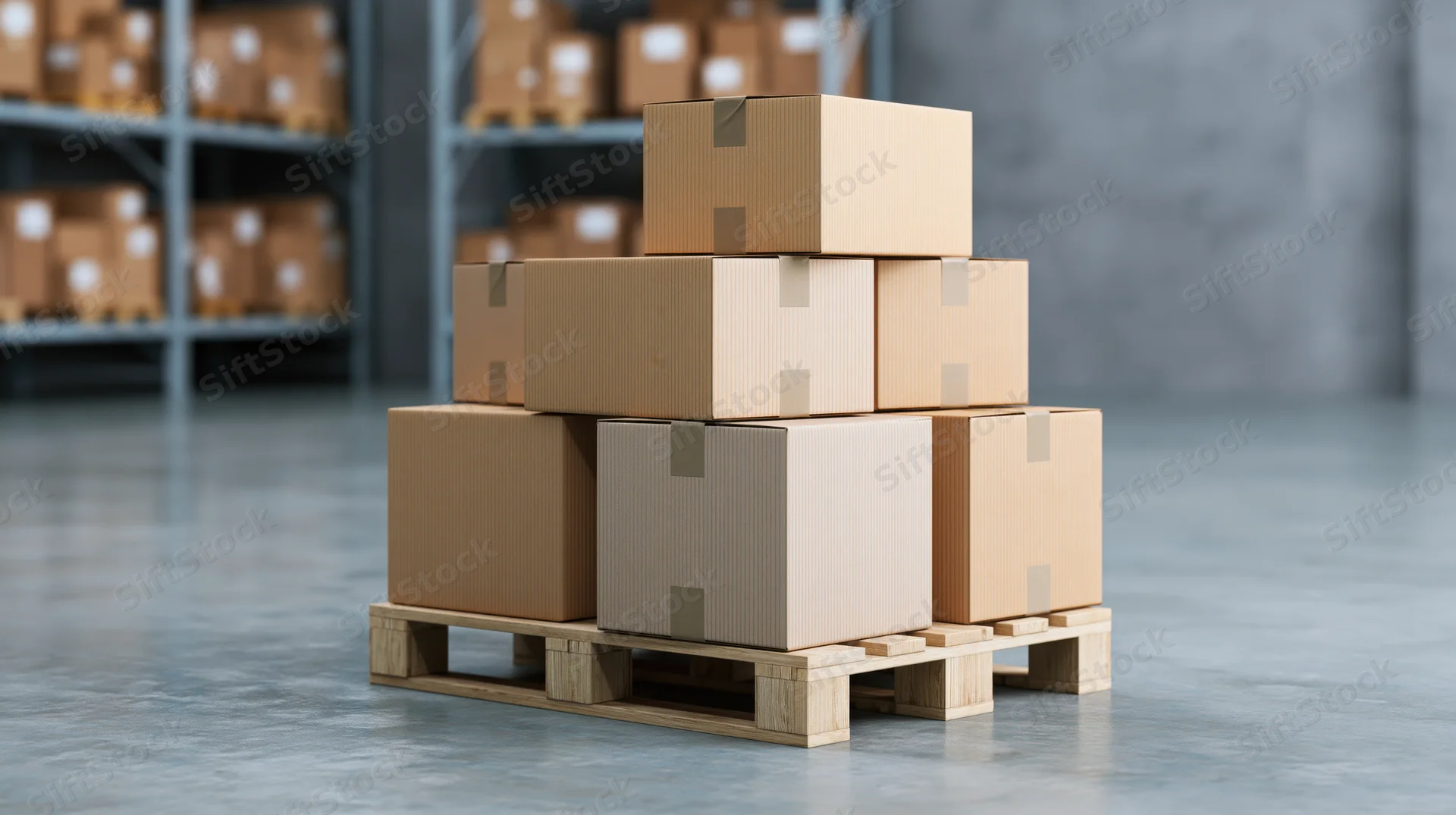 Stack of sealed cardboard boxes on wooden pallet in warehouse