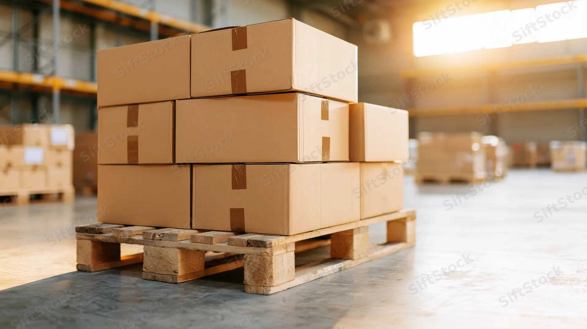Stack of sealed cardboard boxes on wooden pallet in warehouse interior