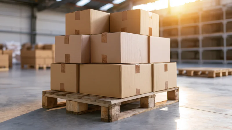 Stack of sealed cardboard boxes piled on a wooden shipping pallet in a warehouse