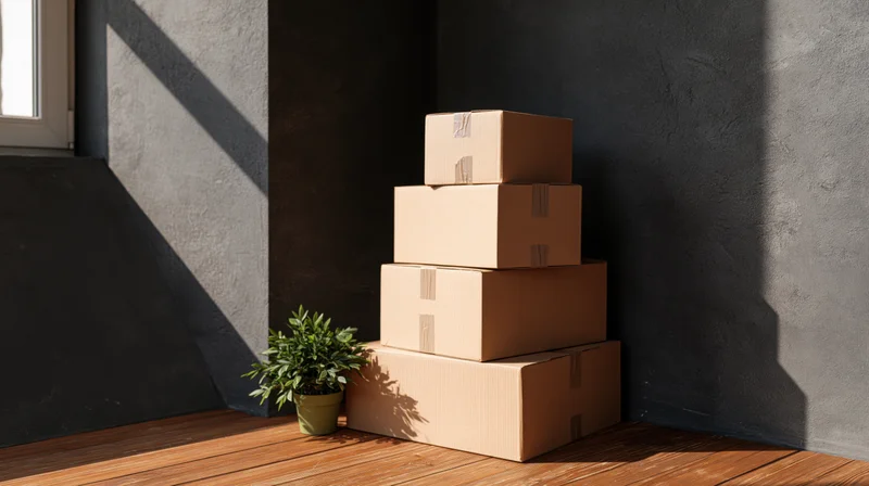 Stack of sealed cardboard boxes piled against a dark wall in a sunlit corner with a potted plant on wooden floor