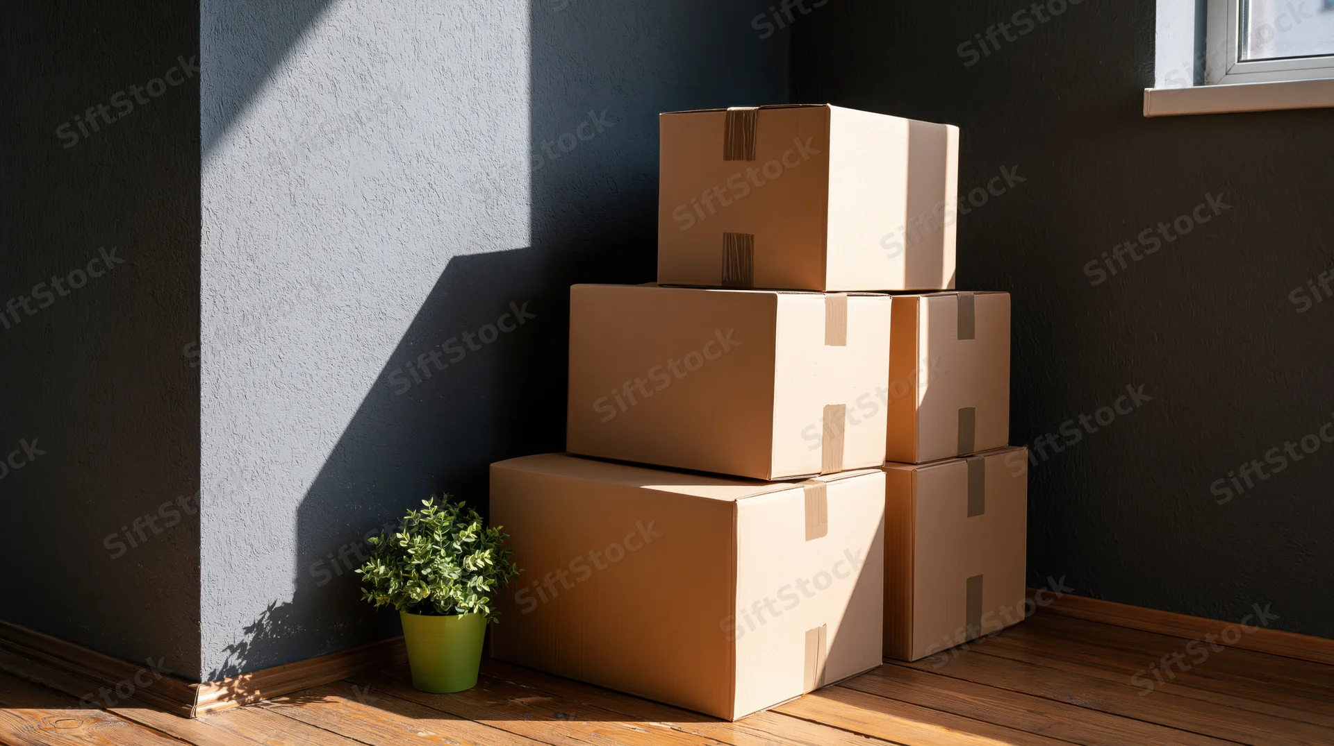 Stack of sealed cardboard moving boxes piled against a dark wall in a sunlit room corner with a potted plant nearby