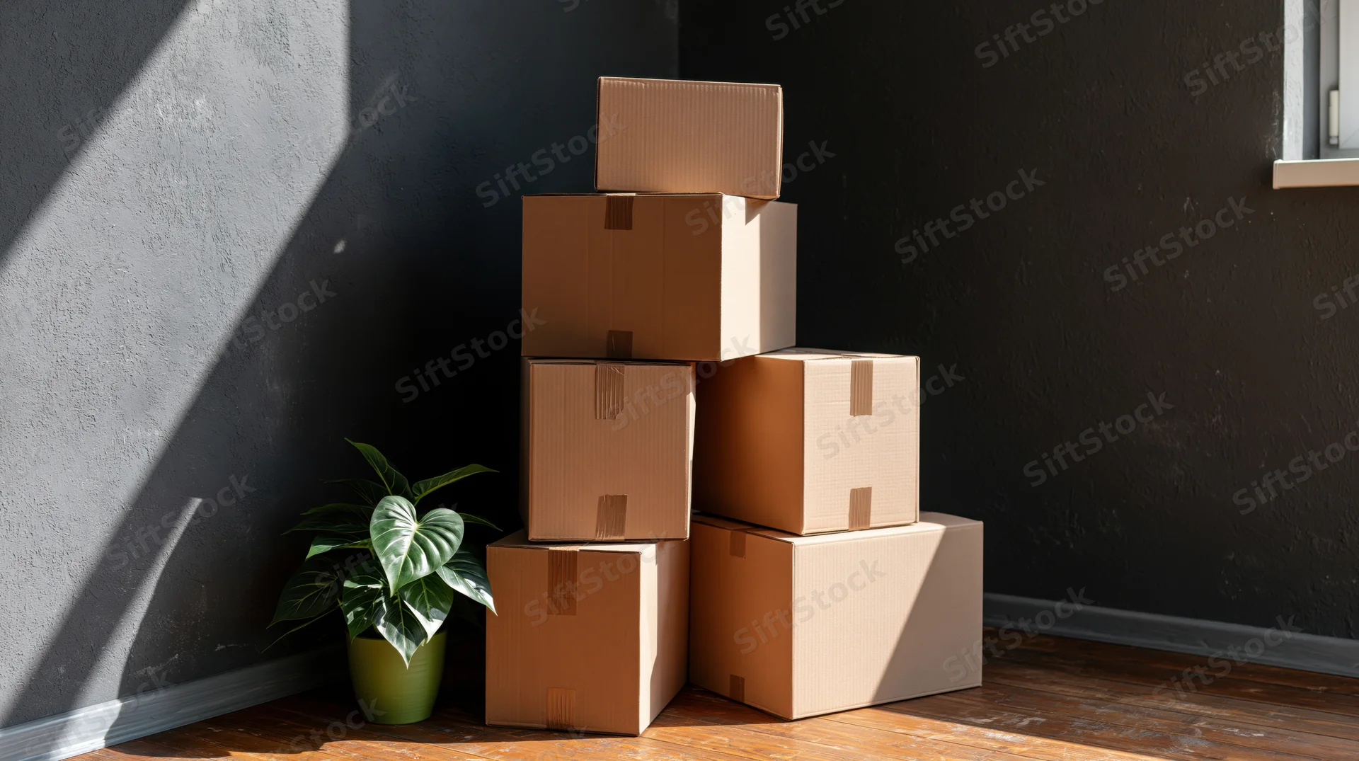 Stack of sealed cardboard moving boxes piled against a dark wall in a corner with a potted plant nearby