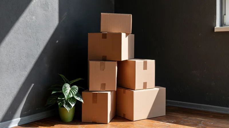 Stack of sealed cardboard moving boxes piled against a dark wall in a corner with a potted plant nearby
