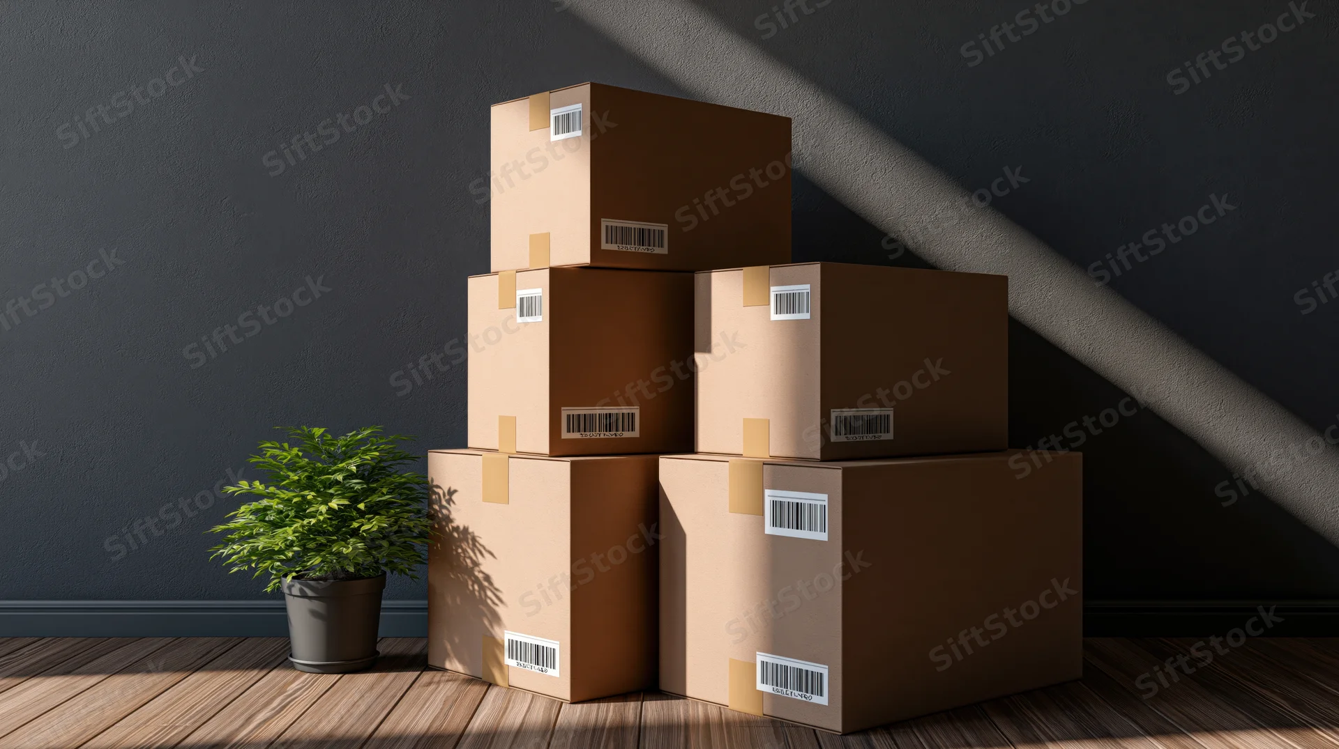 Stack of sealed cardboard moving boxes piled against a dark wall with a potted plant beside them on a wooden floor