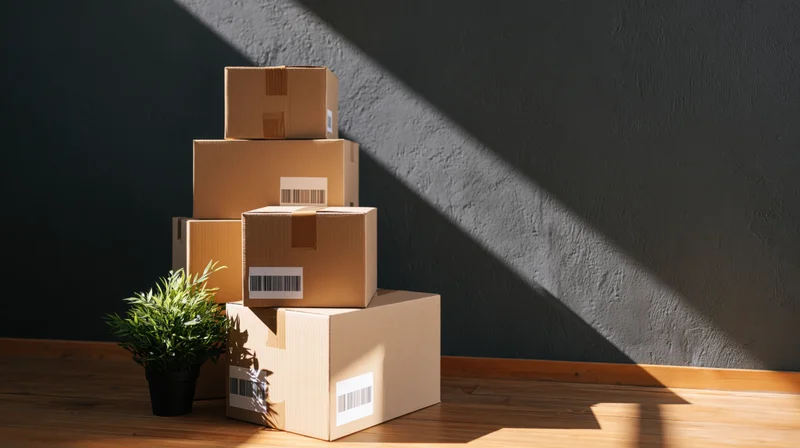 Stack of sealed cardboard moving boxes piled against a dark textured wall with sunlight casting shadows on wooden floor and a potted plant beside them