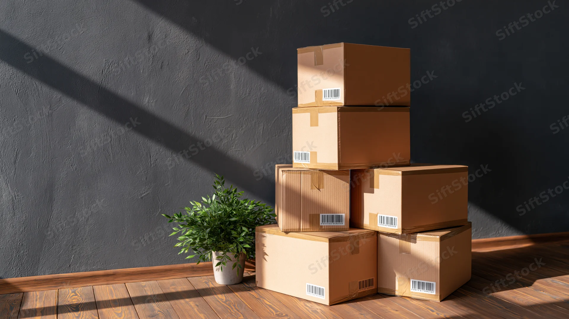 Stack of sealed cardboard moving boxes piled against a dark textured wall with sunlight casting shadows on wooden floor and a potted plant nearby