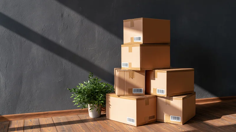 Stack of sealed cardboard moving boxes piled against a dark textured wall with sunlight casting shadows on wooden floor and a potted plant nearby