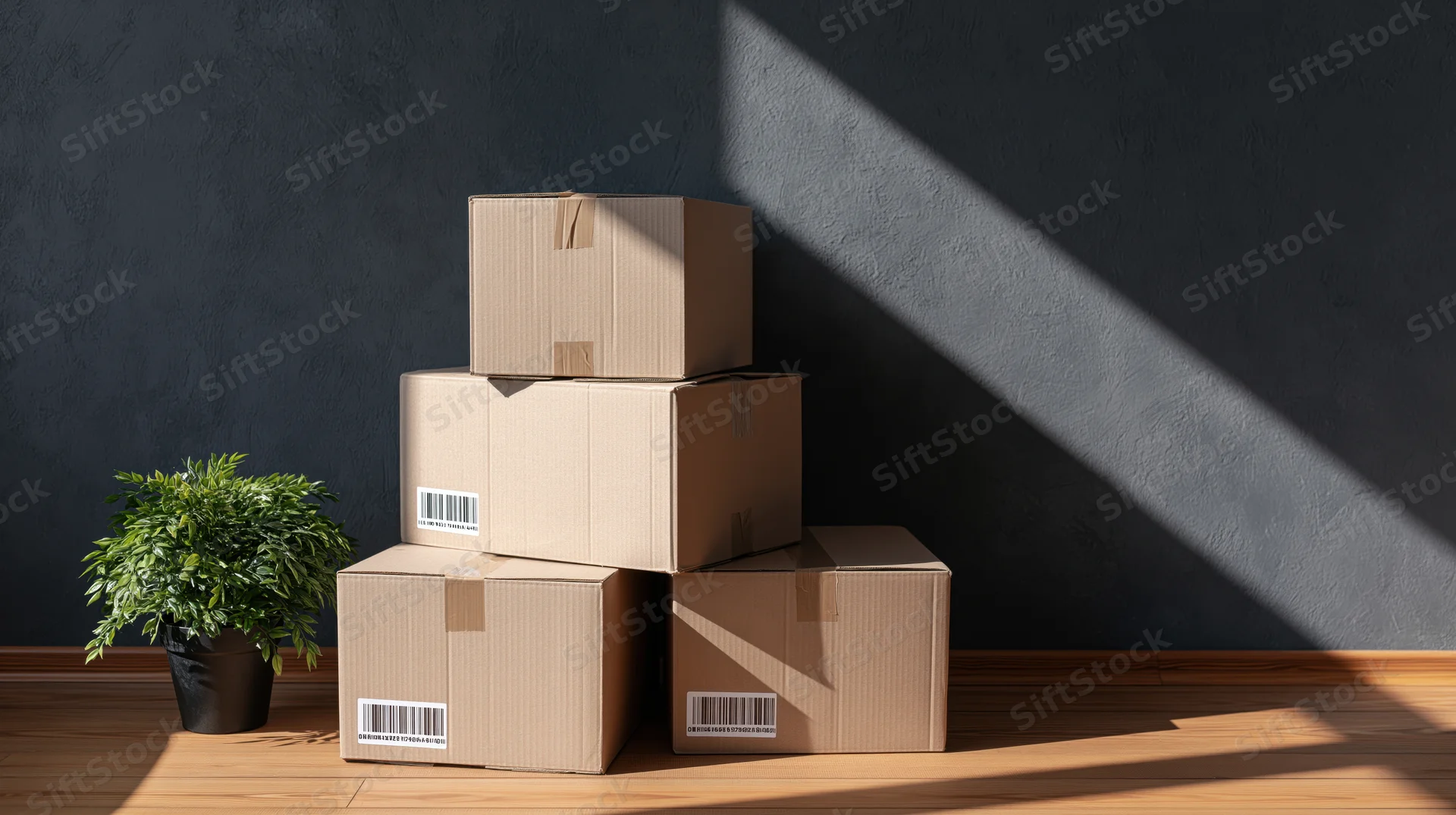 Stack of sealed cardboard moving boxes piled against dark wall with plant on wooden floor in sunlight