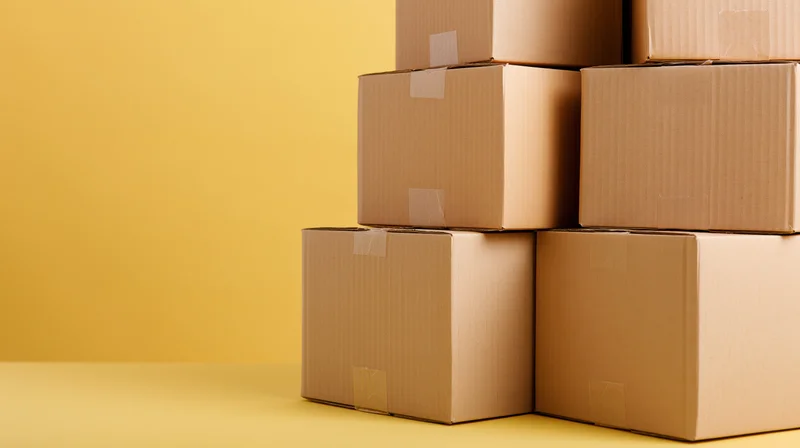 Stack of sealed cardboard shipping boxes arranged in pyramid formation on yellow background