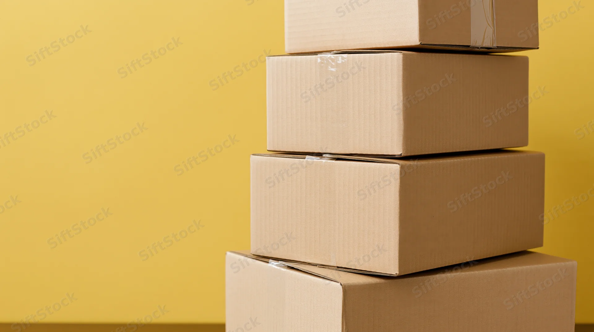 Stack of sealed cardboard shipping boxes arranged in a pyramid against a yellow background