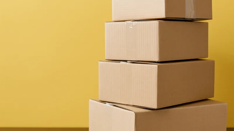 Stack of sealed cardboard shipping boxes arranged in a pyramid against a yellow background