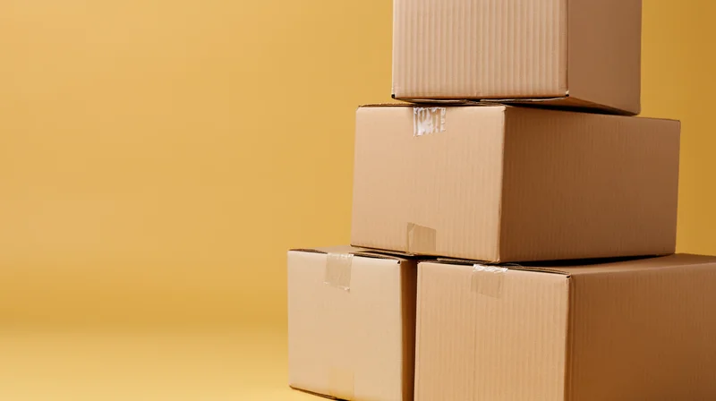Stack of sealed cardboard shipping boxes arranged in a pyramid on a yellow background