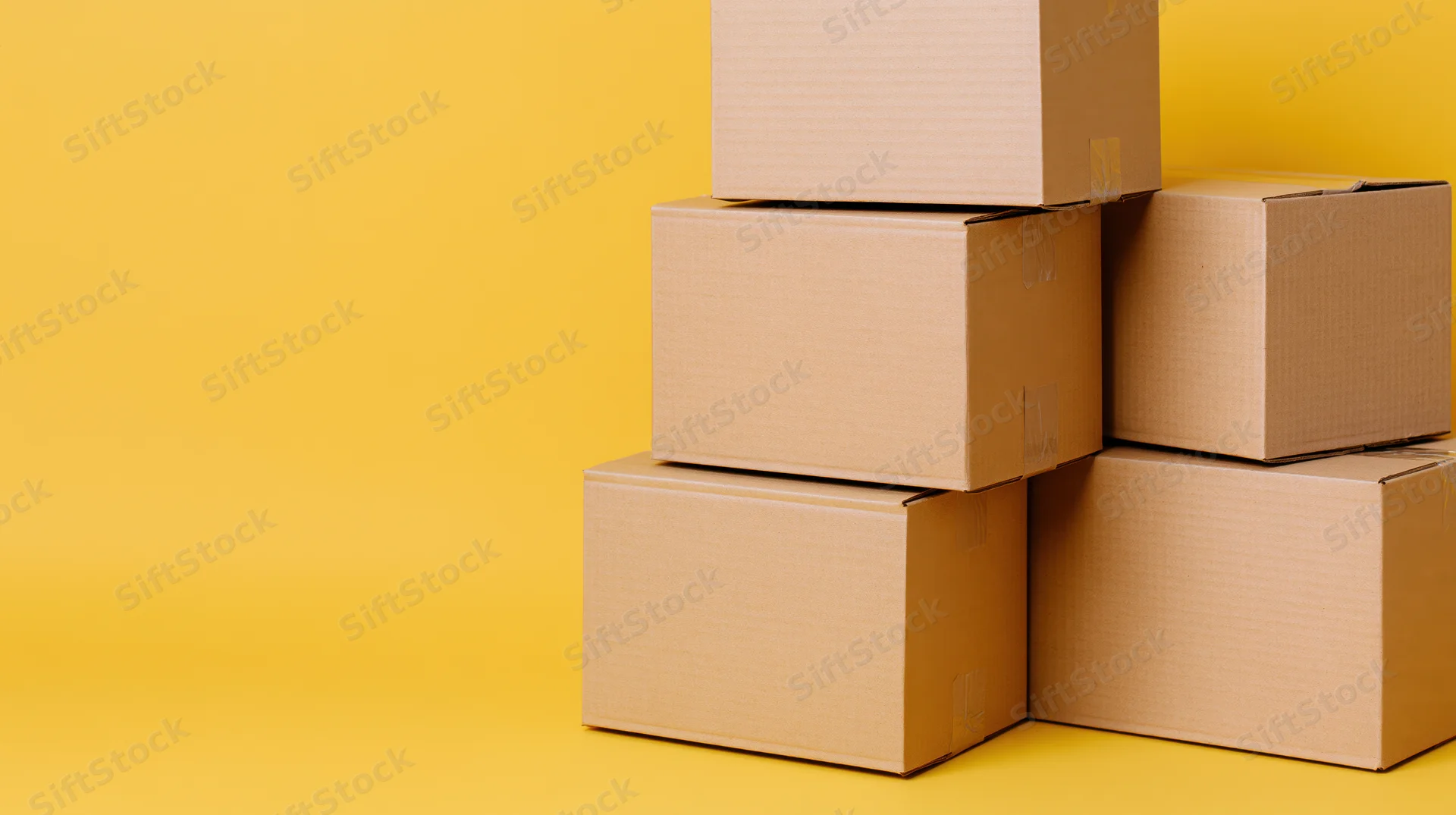 Stack of sealed cardboard shipping boxes arranged in a pyramid on a yellow background