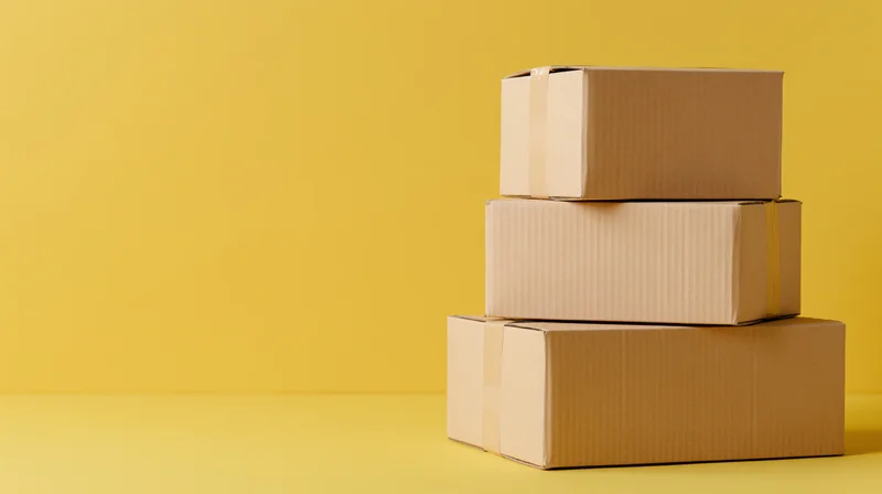 Stack of sealed cardboard shipping boxes arranged in pyramid on yellow background