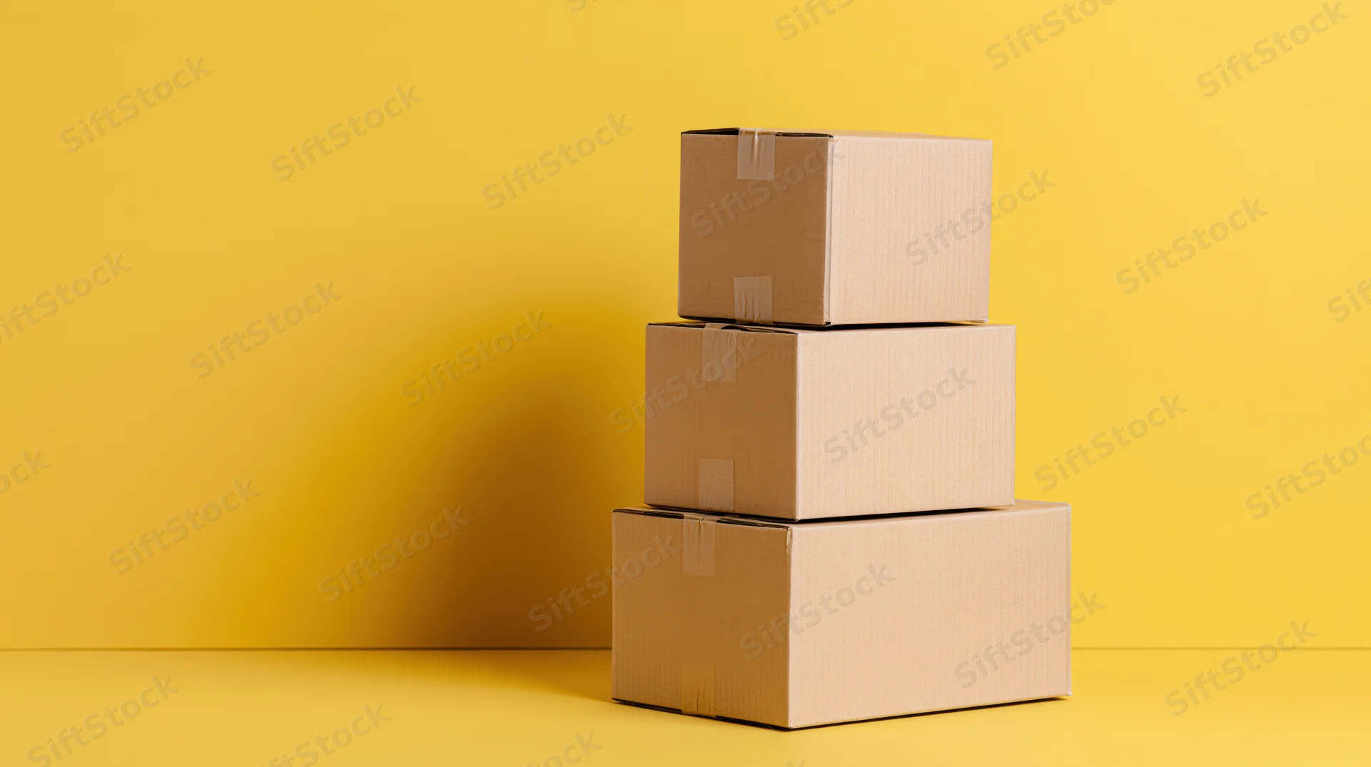 Stack of sealed cardboard shipping boxes arranged in pyramid on yellow background