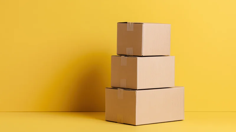 Stack of sealed cardboard shipping boxes arranged in pyramid on yellow background