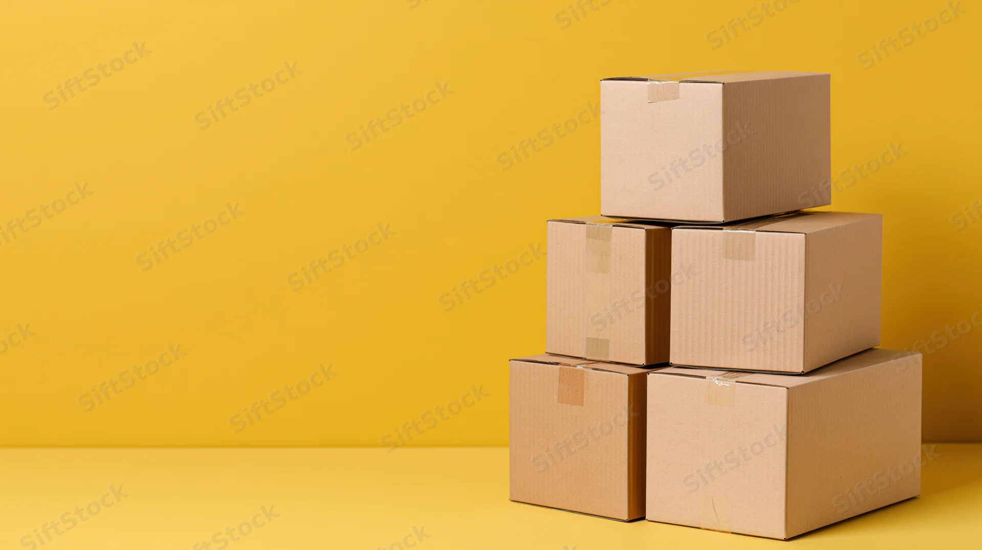 Stack of sealed cardboard shipping boxes arranged in pyramid on yellow background