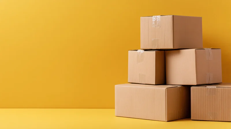 Stack of sealed cardboard shipping boxes arranged in pyramid on yellow background