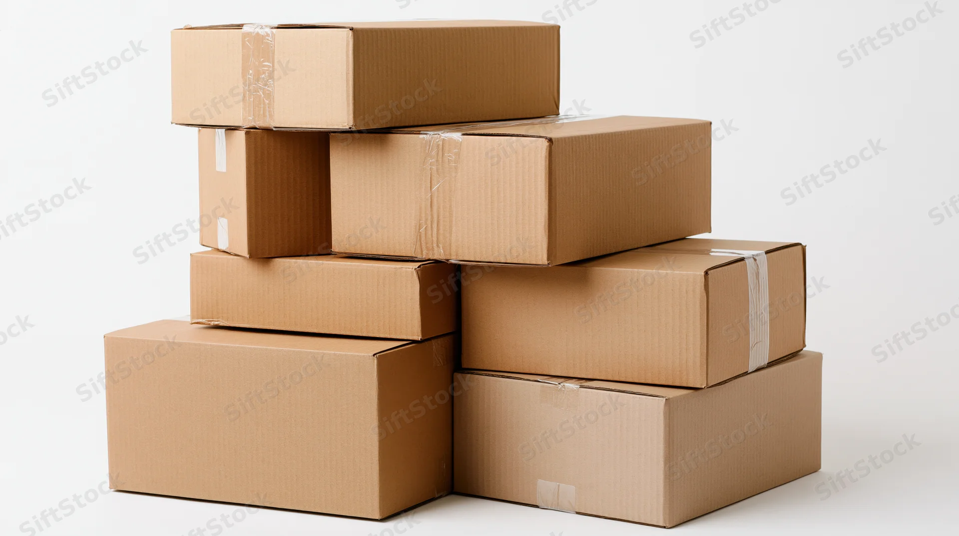 Stack of sealed corrugated cardboard shipping boxes piled in a pyramid formation on a white background