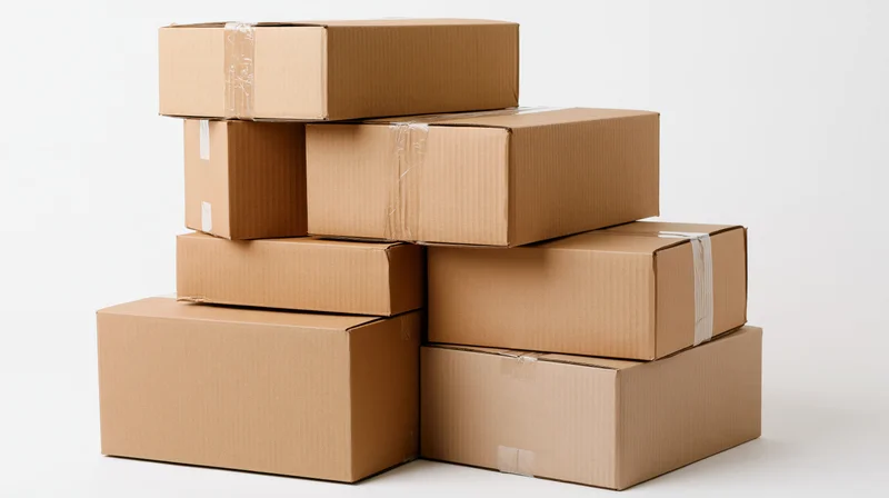 Stack of sealed corrugated cardboard shipping boxes piled in a pyramid formation on a white background